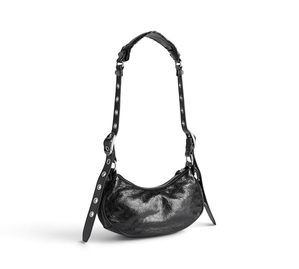 Balenciaga Le Cagole Shoulder Bag XS w/ Cardholder - Black Arena lambskin aged-silver hardware