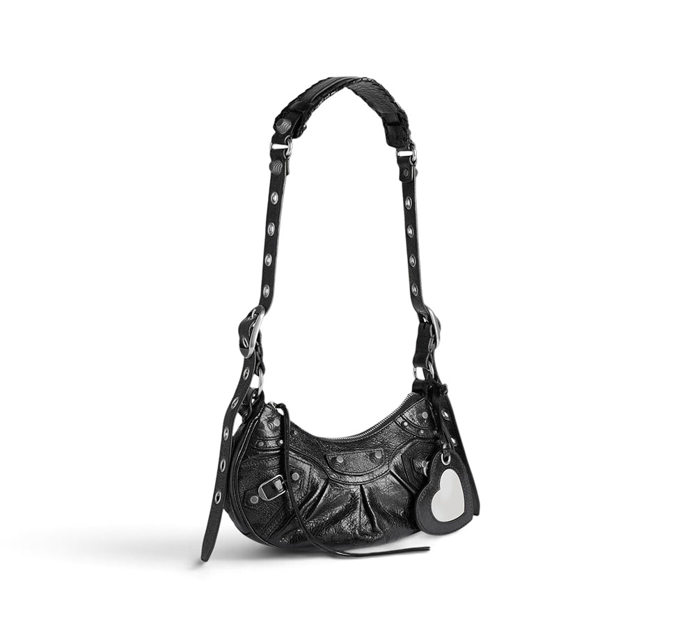 Balenciaga Le Cagole Shoulder Bag XS w/ Cardholder - Black Arena lambskin aged-silver hardware