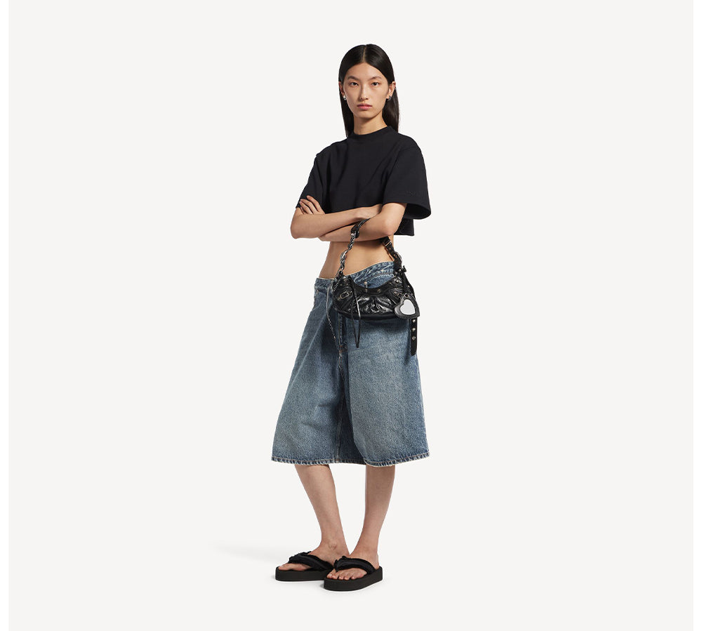 Balenciaga Le Cagole Shoulder Bag XS w/ Cardholder - Black Arena lambskin aged-silver hardware