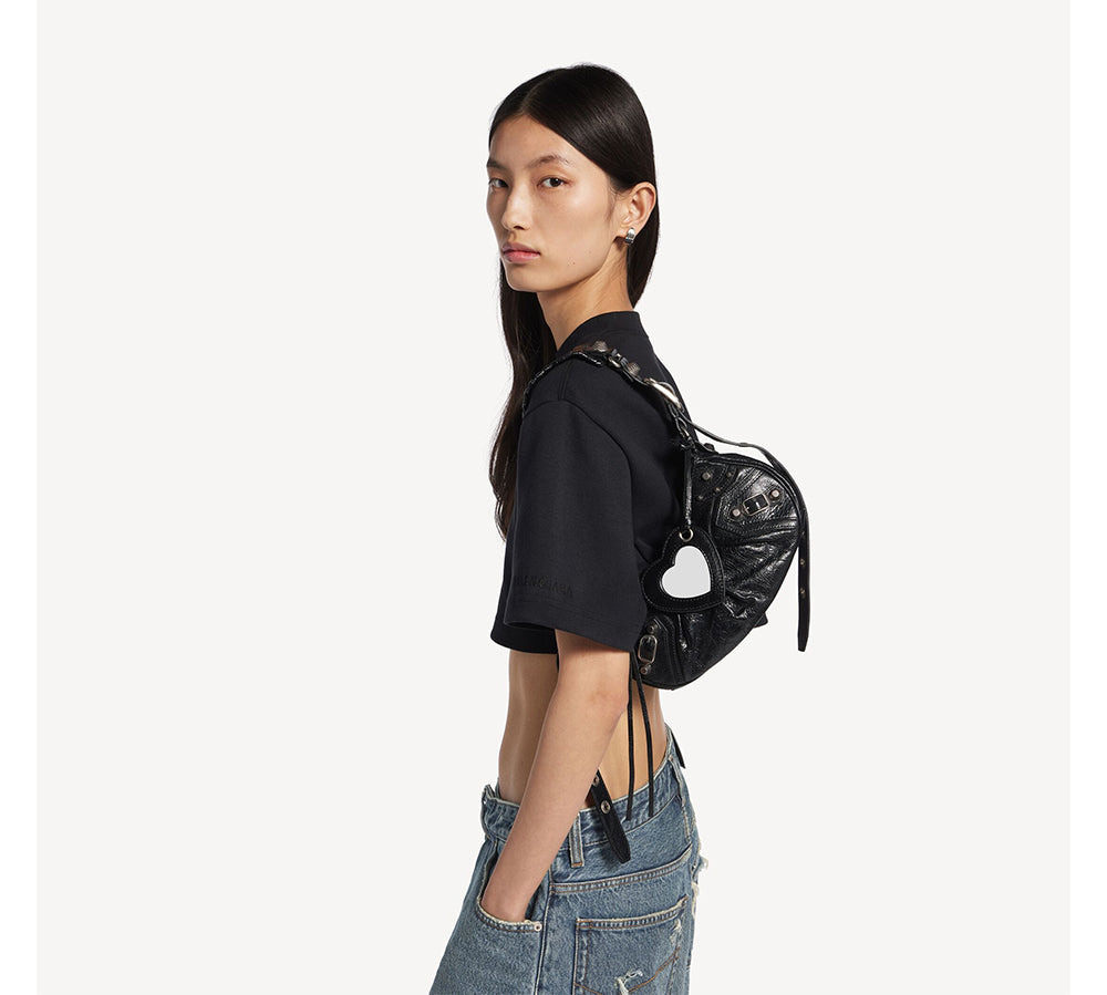 Balenciaga Le Cagole Shoulder Bag XS w/ Cardholder - Black Arena lambskin aged-silver hardware