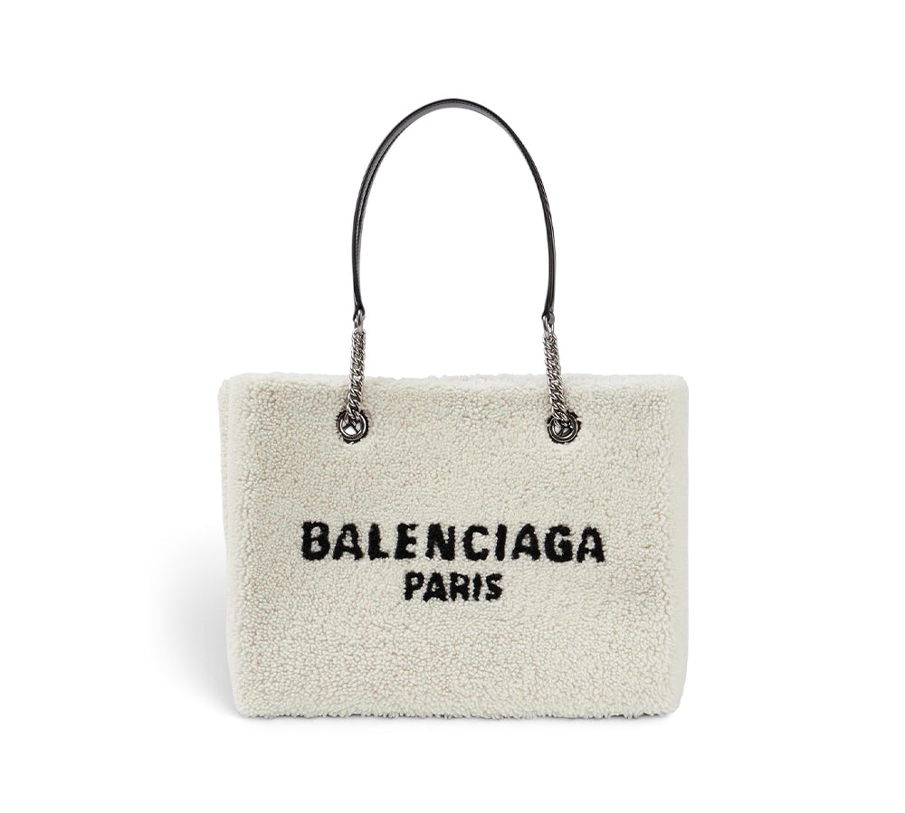 Balenciaga Leather-Trimmed Shearling Tote Bag - White