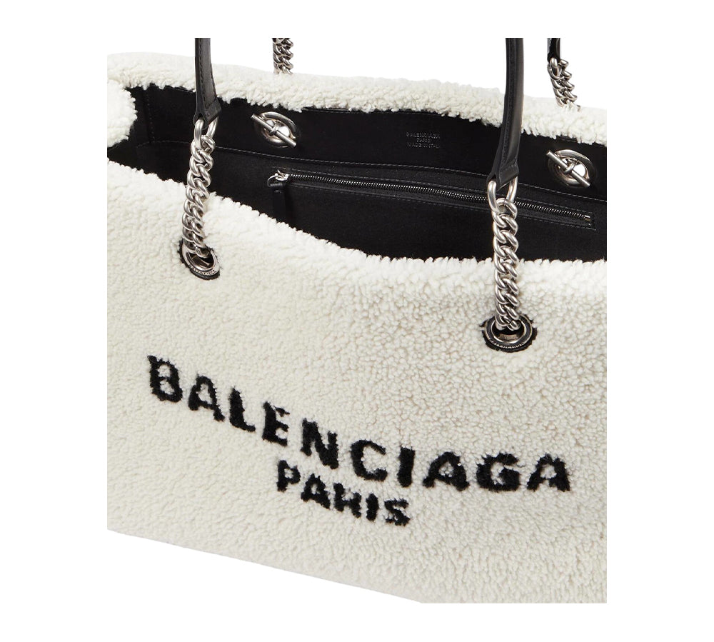 Balenciaga Leather-Trimmed Shearling Tote Bag - White