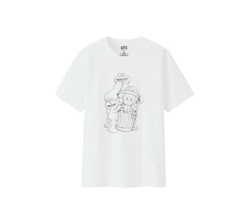 Kaws x Uniqlo x Sesame Street Companion Trash Can Outline Tee - White