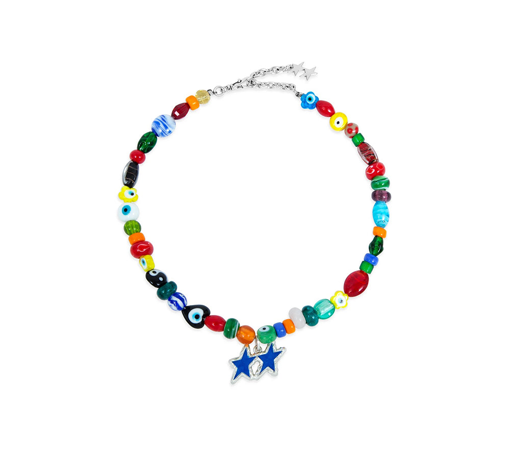 TwoJeys ★★™ Blue Melted Stars Necklace - 12 microns silver plated chain w/ Stained-glass beads