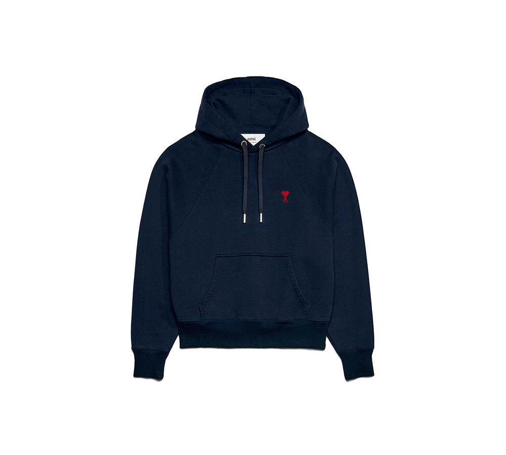 Ami Paris Small Red Ami De Coeur Hoodie - Night Blue