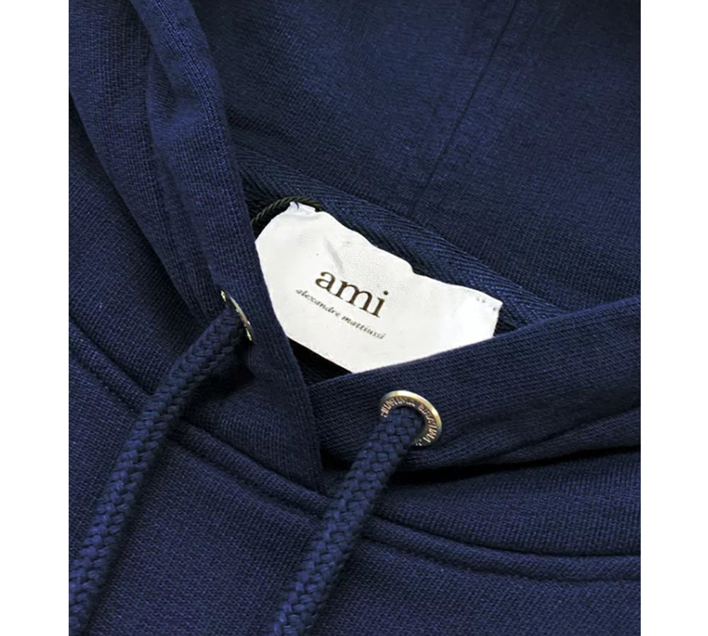 Ami Paris Small Red Ami De Coeur Hoodie - Night Blue