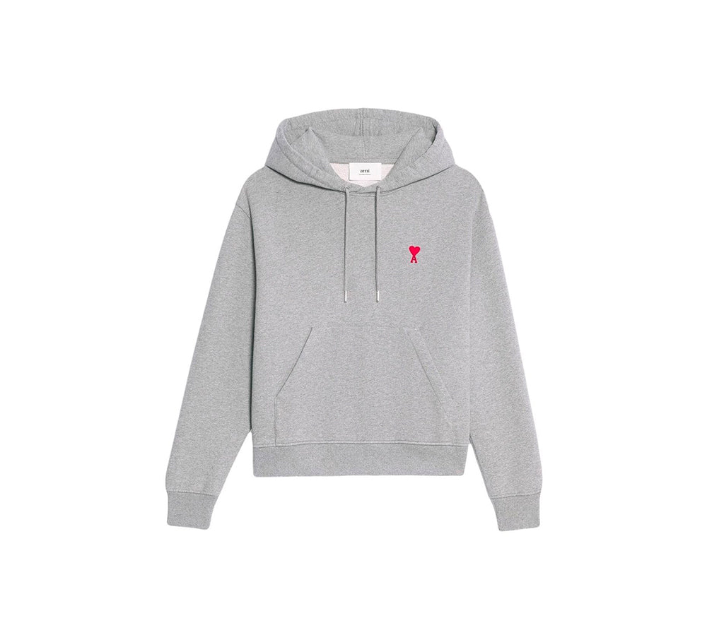 Ami Paris Small Red Ami De Coeur Hoodie - Heather Grey