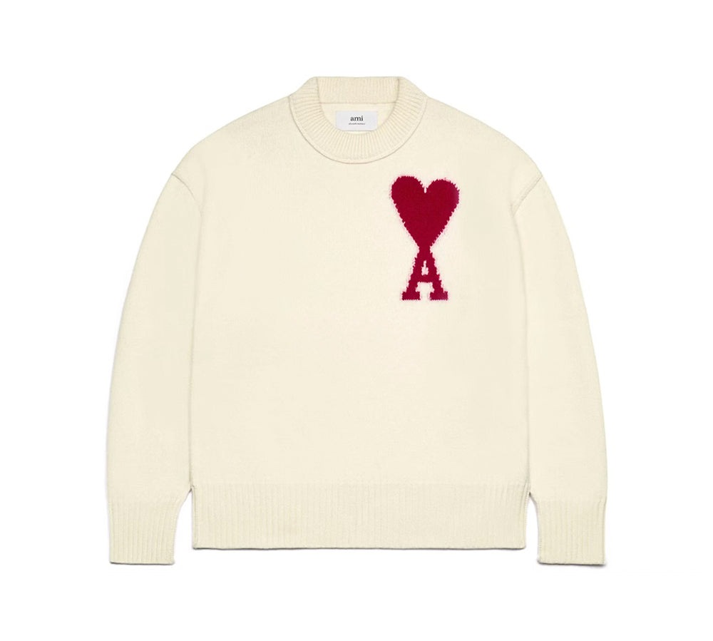 Ami Paris Ami De Coeur Felted Merino Wool Sweater Off White/Red